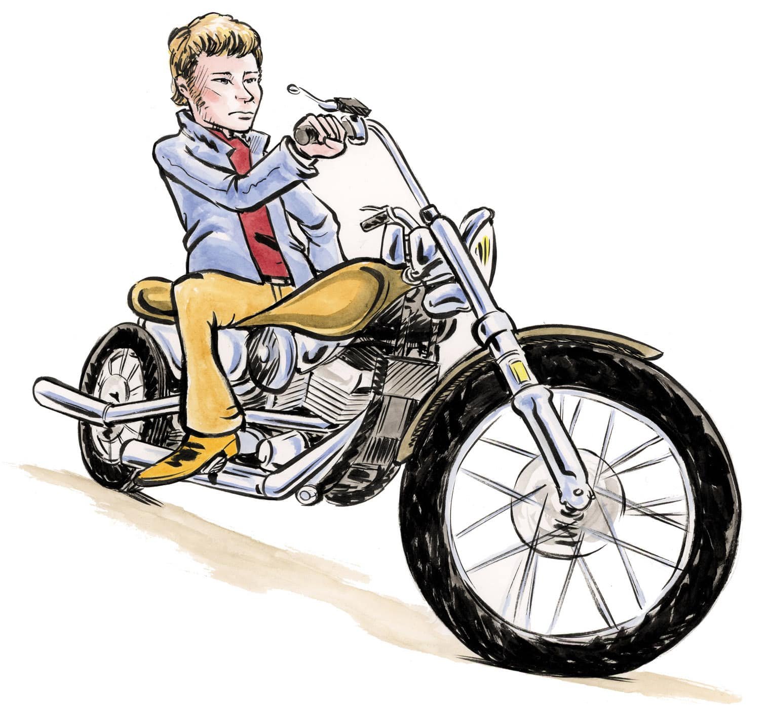 Caricature of a biker on a Harley-Davidson, illustrated tribute