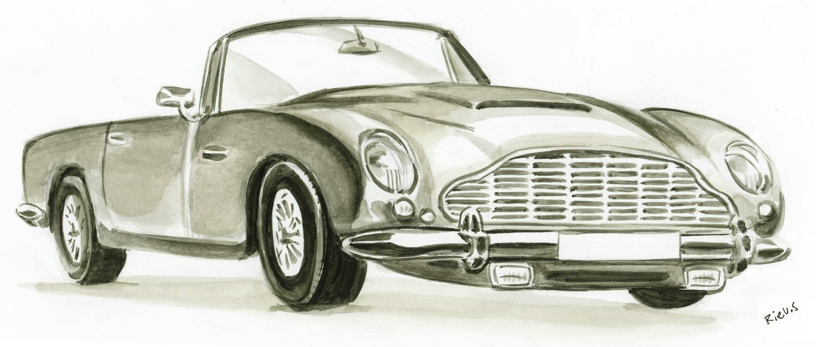 Watercolour portrait of an Aston Martin DB5, original drawing by Sébastien Rieu