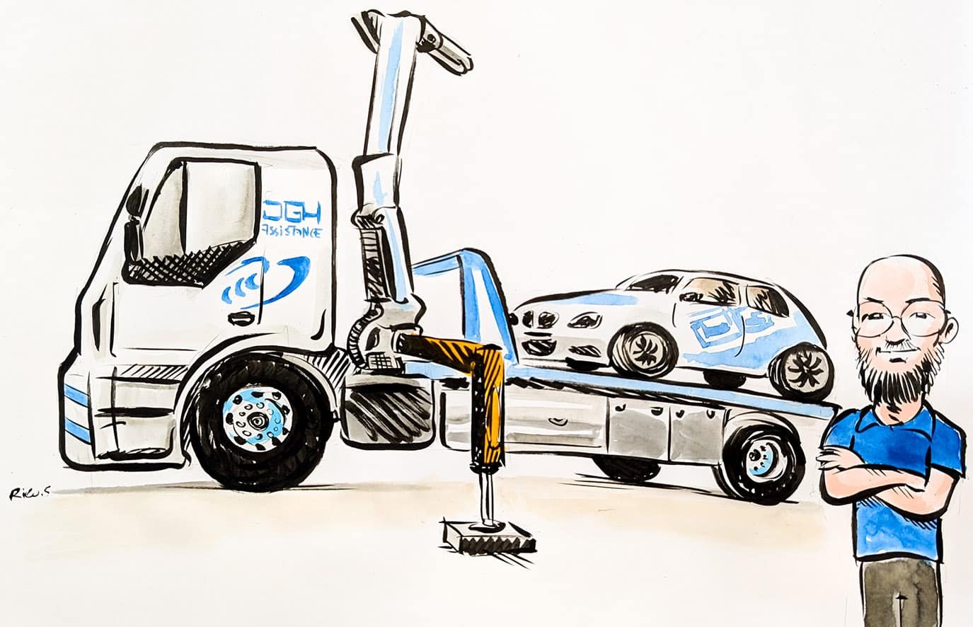 Caricature of a lorry and a sports car