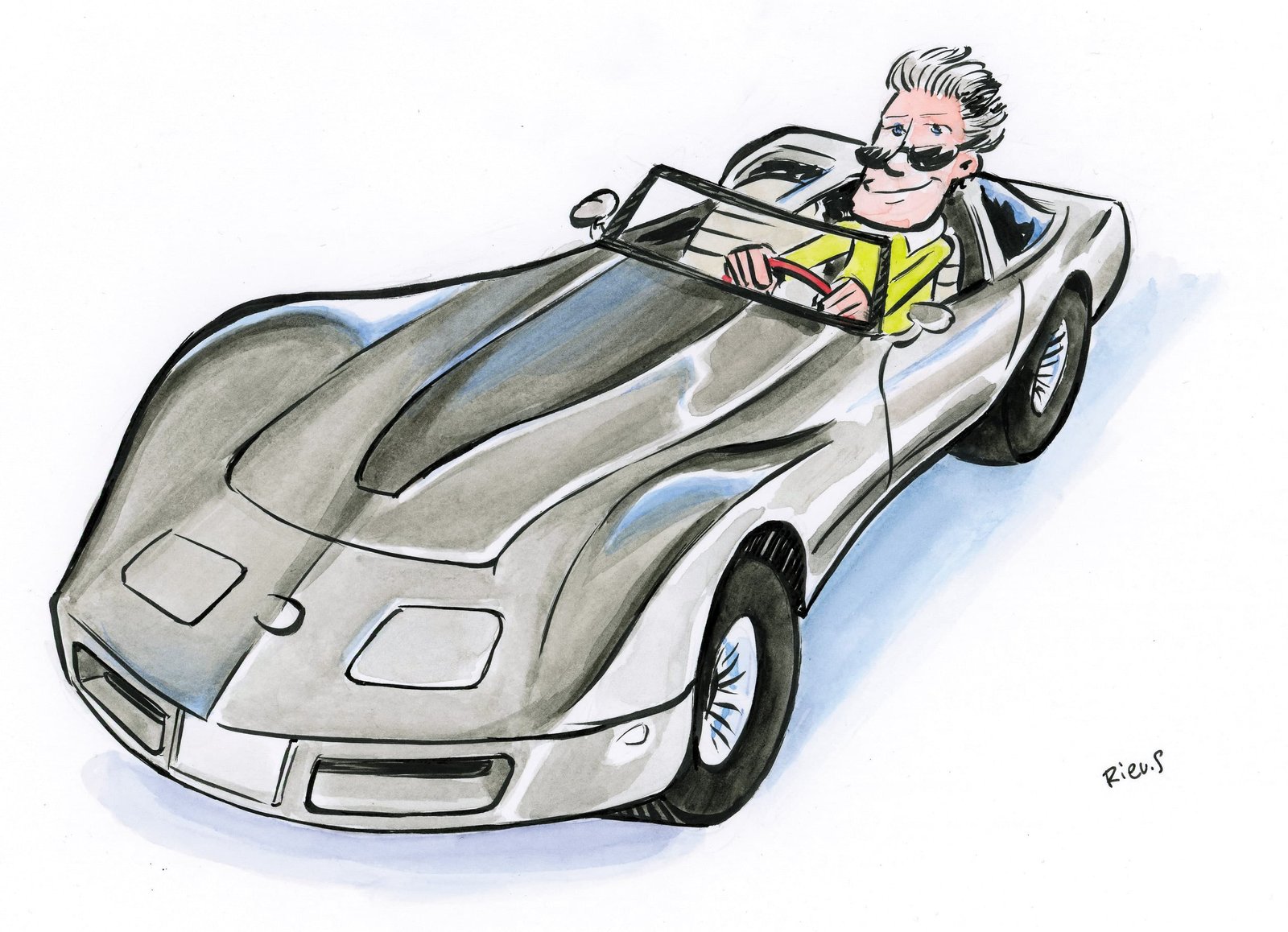 Watercolour caricature of a 1982 Chevrolet Corvette, original illustration
