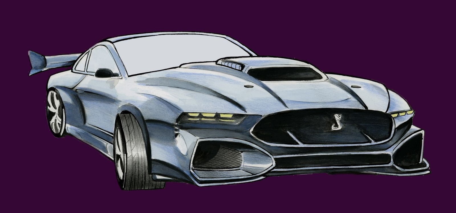 Watercolour caricature of a Ford Mustang Shelby GT500, original drawing by Sébastien Rieu