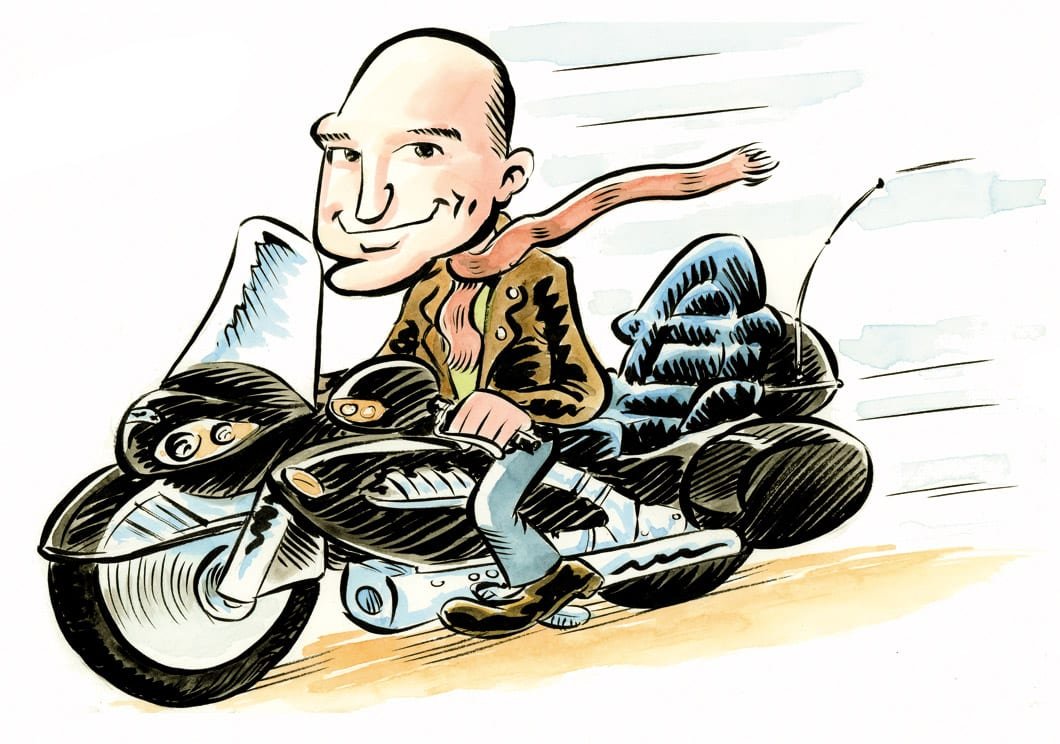 Caricature of a biker on a custom motorbike