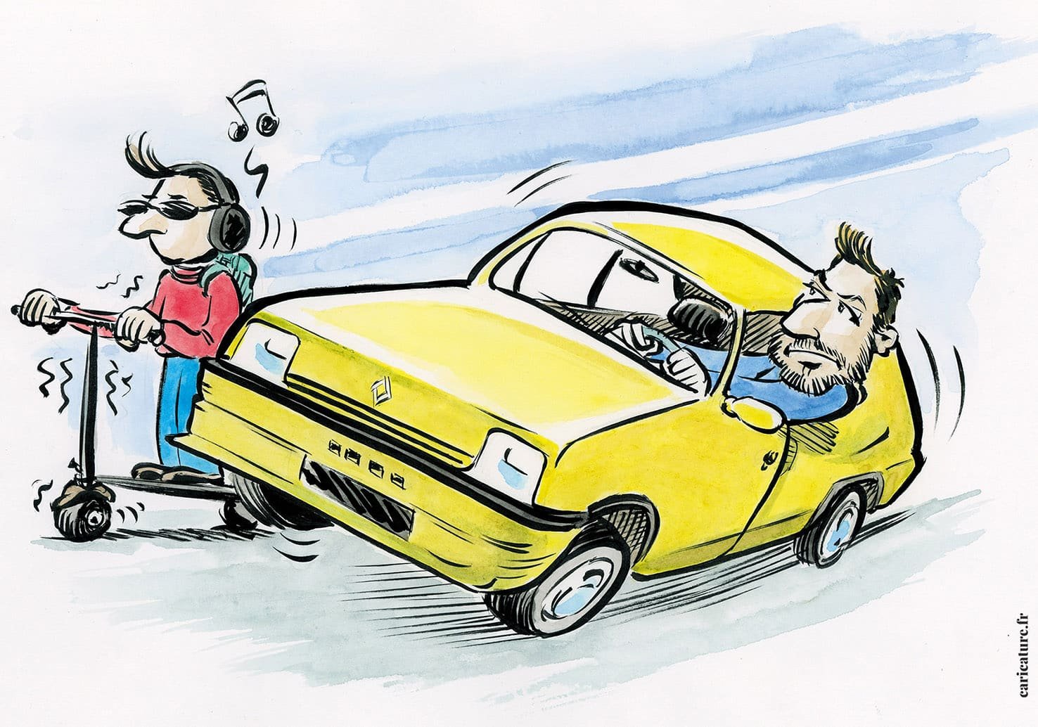 Watercolour caricature of a Renault 5